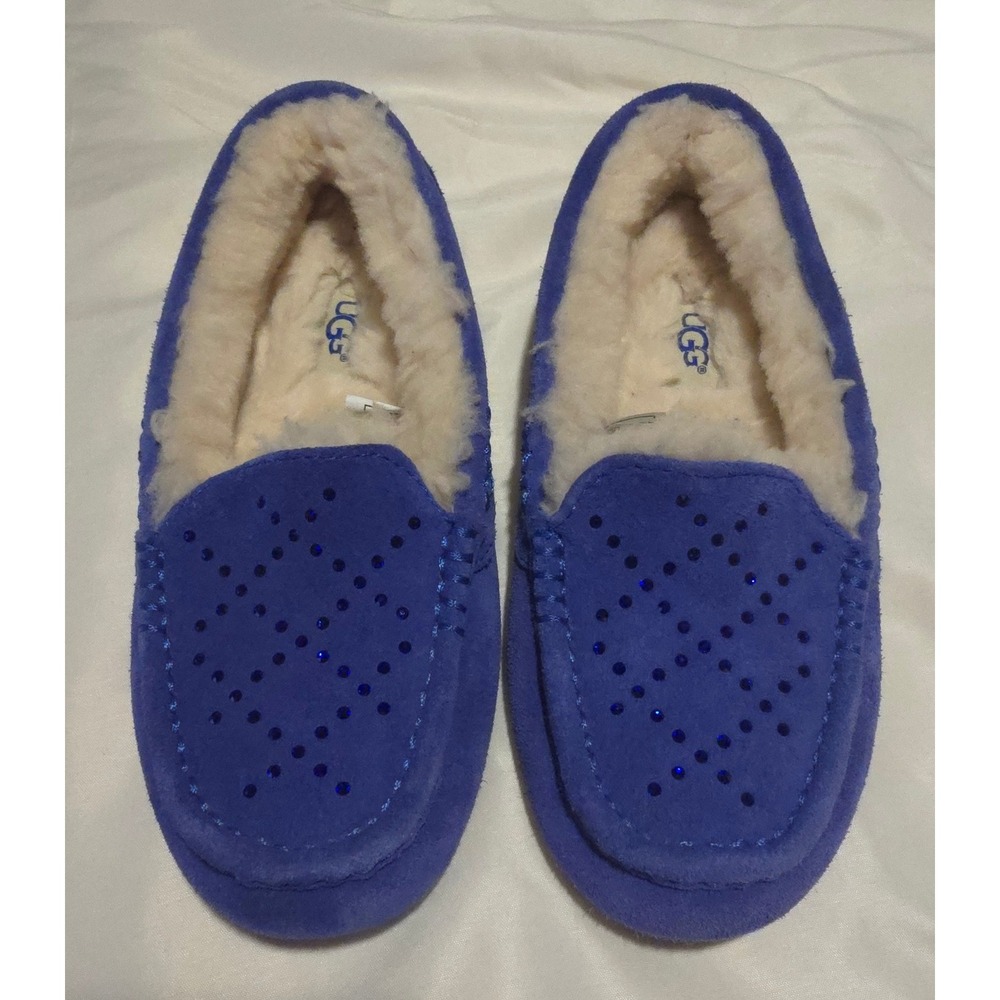 UGG Ansley Electric Blue Suede Rhinestone Perforated Slippers‎ Women's 5 NWOT